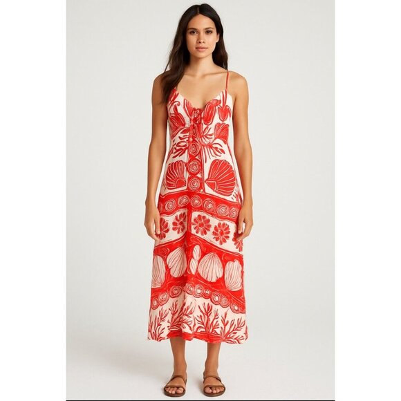 Anthropologie Farm Rio womens size small Ainika Shell Red + White Maxi Dress NWT - Picture 1 of 12